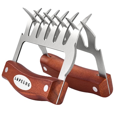 LOPE &amp; NG Meat Handler Shredder Claws Set Of 2 - Wood Stainless Steel BBQ Pulled Pork Paws For Shredding Handing Carving Food
