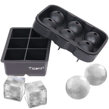 Ticent Ice Cube Trays (Set of 2), Silicone Sphere Whiskey Ice Ball Maker with Lids &amp; Large Square Ice Cube Molds for Cocktails &amp; Bourbon - Reusable &amp; BPA Free