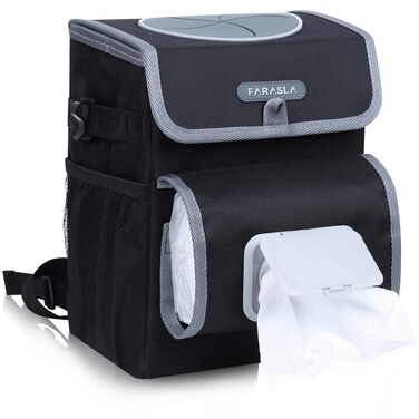 Farasla All-in-One Car Trash Can, Garbage Bag for Car with Removable Leakproof Interior Liner, Adjustable Tissue Holder &amp; Straps(Black)