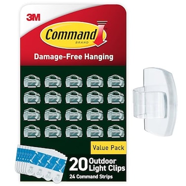 Command Outdoor Light Clips, 20 Clear Clips and 24 Command Strips, Damage Free Hanging Outdoor Light Clips with Weather Resistant Strips, Wall Clips for Hanging Outdoor Lights and Cable Management