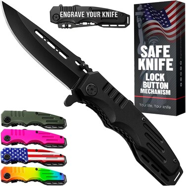 Safety Lock Pocket Knife - 3.4-inch Sharp Blade - Folding Tactical Black Knives with Aluminum Handle - Ideal Tool for EDC Camping Hunting Survival Work Hiking - Birthday Gifts for Men &amp; Women 6681