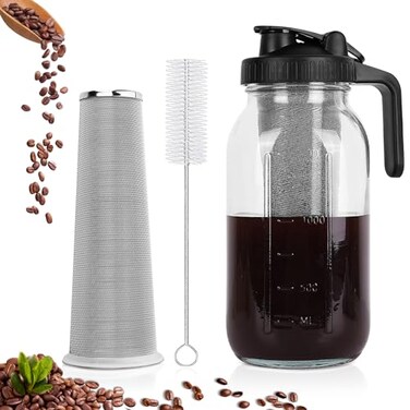 Cold Brew Coffee Maker,64 oz Mason Jar Pitcher with Stainless Steel Filter, Pour Spout Handle Lid, Heavy Duty Glass Airtight &amp; Leak-Proof Pitcher for iced coffee Tea Lemonade