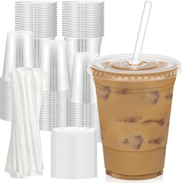 Dealusy 100 Pack - 16 oz Clear Plastic Cups with Lids and Straws, Sturdy &amp; Food Safe Iced Coffee Cups with lids, Iced Coffee Cup, Disposable Cups Plastic Coffee Cups Smoothie Cups for Cold Drinks
