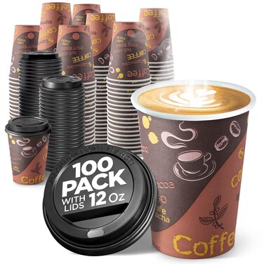 Disposable Coffee Cups with Lids 12 oz (100 Pack) - To Go Paper Coffee Cups for Hot &amp; Cold Beverages, Tea, Hot Chocolate, Water, Juice, Eco Friendly