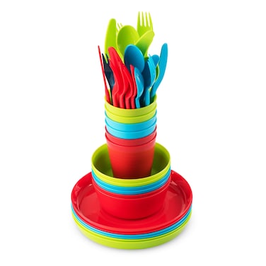PLASKIDY Kids Plastic Dinnerware Set - 36 Pc Reusable Children's Dinner Set Microwave/Dishwasher Safe BPA Free Toddler Dishes Dinnerware Set Includes Kids Plates and Bowls Kids Cups &amp; Flatware.