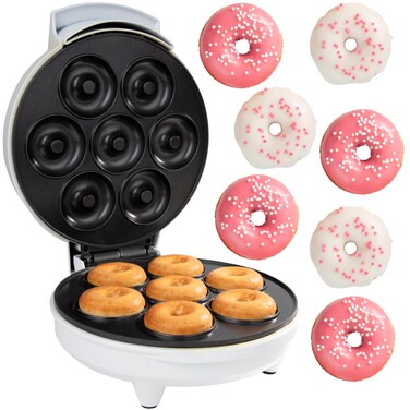 Mini Donut Maker- Electric NonStick Surface Makes 7 Small Doughnuts- Decorate Frost Ice Your Own for Kid Friendly Baked Dessert Treat- Unique Baking Activity for Adults, Galentines Brunch Gift for Her