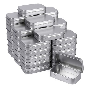 Tamicy Metal Rectangular Empty Hinged Tins - Pack of 40 Silver Mini Portable Box Small Storage Kit &amp; Home Organizer with lids craft containers 3-1/2''X2-1/2''X4/5''