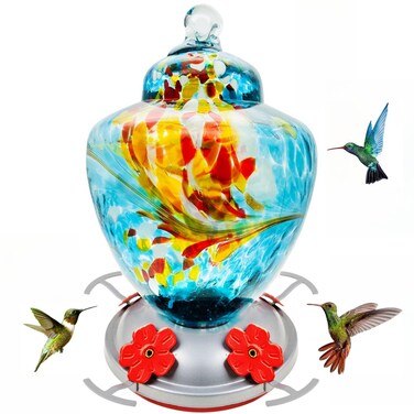 REZIPO Hummingbird Feeder with Perch - Hand Blown Glass - Blue - 38 Fluid Ounces Hummingbird Nectar Capacity Include Hanging Wires and Moat Hook