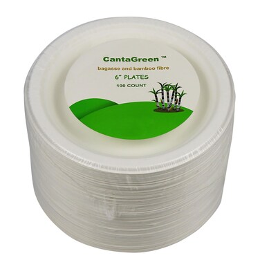 CantaGreen 6 inch Small Compostable Dessert Plates,100 Count Heavyduty Sugarcane/Bagasse and Bamboo Fibre Biodegradable Disposable Paper Plate