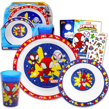 Spidey and His Amazing Friends Dinnerware Set for Kids, Toddlers - 3 Pc Kitchen Accessories Bundle with Spidey and Friends Dinner Plate, Cup, Stickers, More   Spiderman Flatware Set