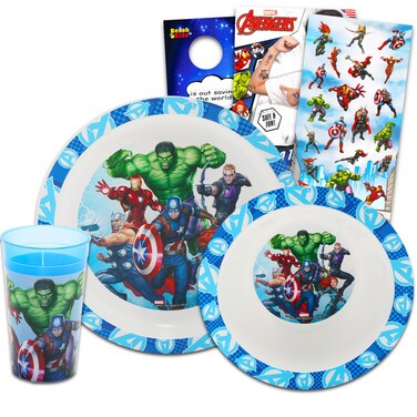 Avengers Dinnerware Set for Kids, Toddlers - 3 Pc Kitchen Accessories Bundle with Avengers Dinner Plate, Cup, Stickers, More   Avengers Flatware Set