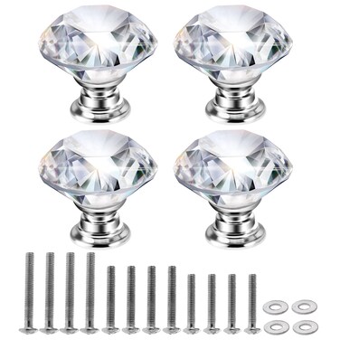 Mtsooning 40mm Crystal Glass Knob, 4PCS Diamond Shape Pulls, Clear Glass Drawer Handle for Closet Cabinet, Kitchen Bathroom Cupboards, Dresser, Bookcase, Wardrobe