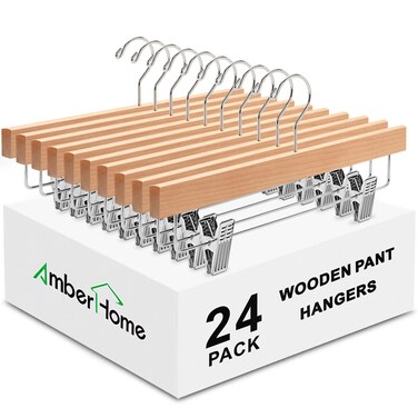 Amber Home 24 Pack Natural Wooden Pants Hangers with Clips, Wood Skirt Hangers Trouser Hangers for Jeans, Slacks, Shorts with 2-Adjustable Clips