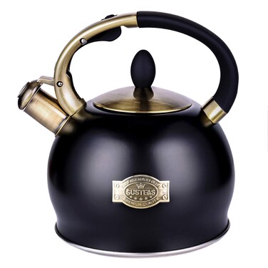 SUSTEAS Stove Top Whistling Tea Kettle - Food Grade Stainless Steel Teakettle Teapot with Cool Touch Ergonomic Handle, With 1 Silicone Pinch Mitt Included, 2.64 Quart(BLACK)