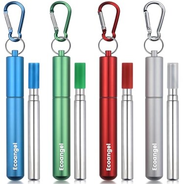 4-Pack Collapsible Stainless Steel Drinking Straws with Aluminum Case, Cleaning Brush, and Keychains - Silver, Blue, Red, Green
