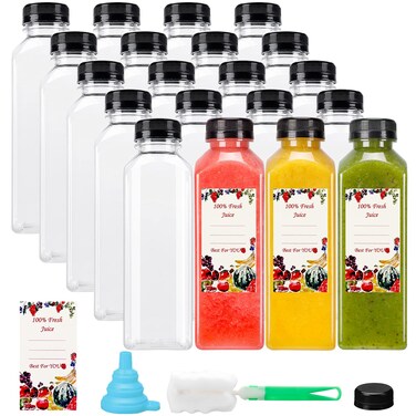 SUPERLELE 20pcs 16oz Juice Bottles, Plastic Juicing Bottles with Caps, Clear Bulk Drink Containers with Black Tamper Evident Lids for Juicing, Smoothie, Drinking and Other Beverages
