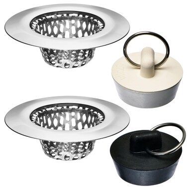 4 Pack - Bathroom Sink Strainers and Stopper Plug Combo - 2.125" Top / 1" Basket, Stainless Steel Strainers and Rubber Plug Stopper for Standard Bathroom, Utility, Slop, Lavatory and RV Sink