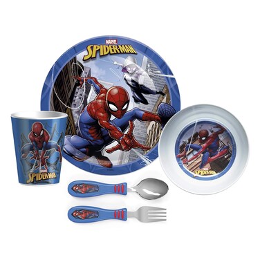 zak! 5-Piece Dinnerware Set, Marvel Spider-Man - Durable Plastic &amp; Stainless Steel - Includes Tumbler, 8-Inch Plate, 6-Inch Bowl, Fork &amp; Spoon - Suitable for Kids Ages 3+