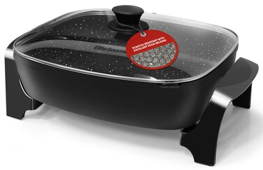 Elite Gourmet EG6203 Extra Deep 16"x13"x3.2" (10.5Qt.) Scratch Resistant, Easy Pour Spout, Dishwasher Safe, Non-stick Electric Skillet with Vented Glass Lid, Adjustable Temperature, Black