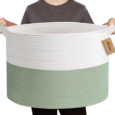 MEGASKET Extra Large Green Storage Baskets, 22" X 22" X 14" Kids Toy Baskets Storage, XXXL Dog Toy Bin Basket, Nursery Baby Toy Organizer Box, Soft Cotton Rope Woven Basket, Blanket Basket Living Room