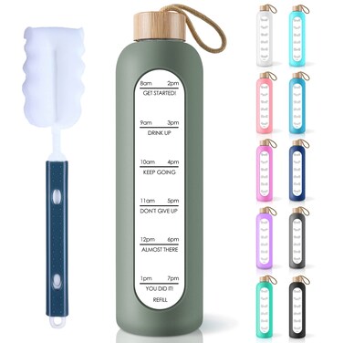 PROBTTL 32 Oz Borosilicate Glass Water Bottle with Time Marker Reminder Quotes, 1 Liter Leak Proof Reusable BPA Free Motivational Water Bottles with Silicone Sleeve and Bamboo Lid (Olive)