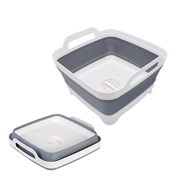 2.4 Gal(9L) Collapsible Dish Basin with Drain Plug, Space Saving Outdoor Multiuse Foldable Sink Tub, Dishpan, Kitchen Storage Tray for Camping, Vegetable Washing, RV (Gray)