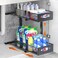 Housolution 1 Pack Under Sink Organizer, 2 Tier Metal Pull Out Under Sink Storage with Sliding Mesh Drawers, Height Adjustable Slide Out Under Sink Organizer for Kitchen Bathroom Cabinet, Black