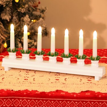 Lewondr Christmas Swedish Candelabra, Electric Candles with 7 Flameless Taper Candles, Wooden Candle Bridge Light with USB Powered, Decorative Xmas Candle Lights for Window Party Wedding,White