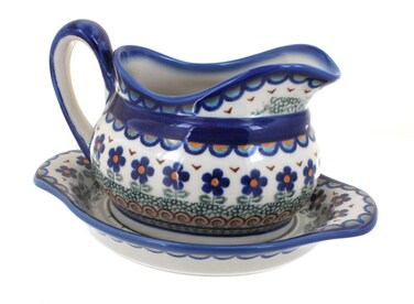 Blue Rose Polish Pottery Aztec Flower Gravy Boat &amp; Plate
