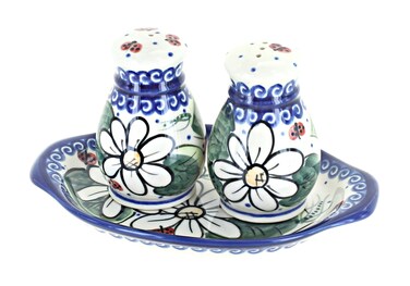 Polish Pottery Ladybug Salt &amp; Pepper Shakers with Tray