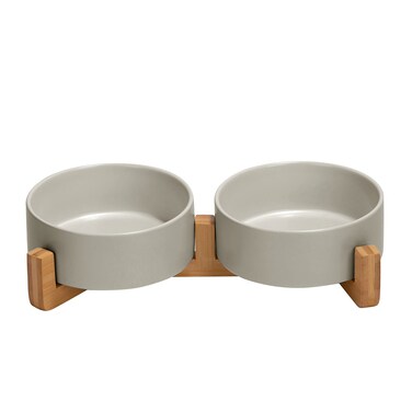 SPUNKYJUNKY Ceramic Dog and Cat Bowl with Wood Stand Non-Slip Matte Glaze Weighted Food Water Set for Cats &amp;Small Dogs 13.5OZ