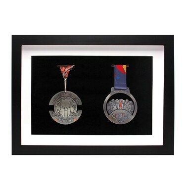 Wooden Medal Display Shadow Box Frame, 2 Medals Display Case for Runners Marathon Soccer Football Gymnastics &amp; All Sports Medals Award Insignia (Black)