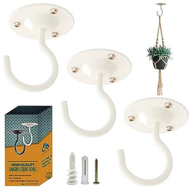 NACETURE Ceiling Hooks for Hanging Plants 3 Pack - Plant Hanger Indoor Hanging Hooks Metal Plant Bracket Iron Lanterns Hangers for Wind Chimes, Planters (Round White 3 Pack)