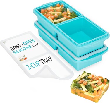 XOMOO Silicone Freezer Tray With Lid-Soup Freezer Container molds-2-cup Extra Large Ice Cube Tray-makes 4 perfect 500ml portions cubes, For freezing soup,stews,sauces.Oven&amp;Dishwasher-Safe(2-Pack)
