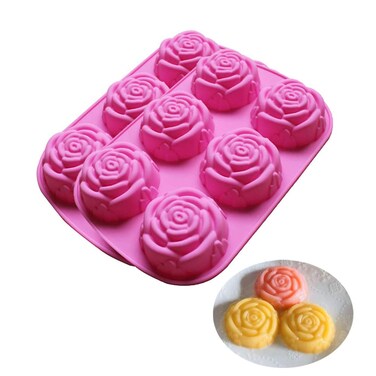 BAKER DEPOT Silicone Mold for Handmade Soap Cake Jelly Pudding Chocolate 6 Cavity Rose Flower Design, Set of 2 Pink