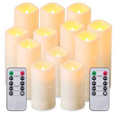 Enpornk Waterproof Flickering Flameless Candles, Set of 12 Battery Operated Candles (D2.2'' x H4''5''6''7"), Outdoor Indoor Candles with 10-Key Timer Remote, Long Lasting