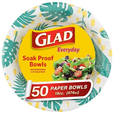 Glad Disposable Heavy Duty Cut Resistant Microwave Safe Paper Bowls with Palm Leaves Design for Hot Soup and Ice Cream for Everyday Use, 16 Oz, 50 Count