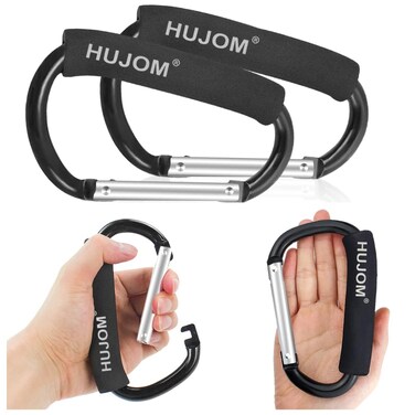 2 Pcs Hujom Universal Stroller Hooks Carabiner Clips for Hanging Diapers, Purse Grocery, and Shopping Bags. Heavy Duty Mommy Accessories for Outdoor, Camping and Hiking.