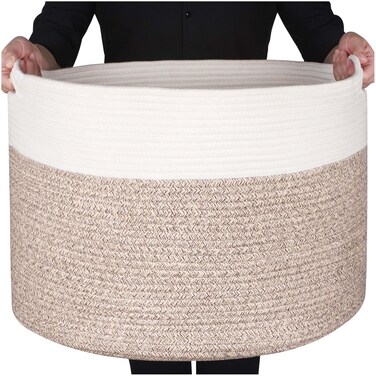 MINTWOOD Design Extra Large 22 x 14in Decorative Blanket Basket for Living Room, Laundry Basket, Woven Cotton Rope Basket, Dog Toy Storage Bin Baskets, Round Basket for Pillows Towels, Light Brown