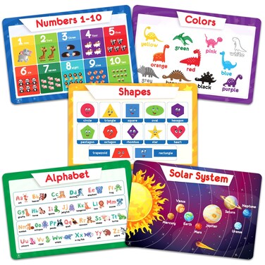 Simply Magic 5 Placemats for Kids - Kids Placemats Non Slip, Washable Reusable Toddler Placemats, Educational Placemats: Alphabet ABC, Shapes, Colors, Numbers, Solar System, Plastic Placemats for Kids