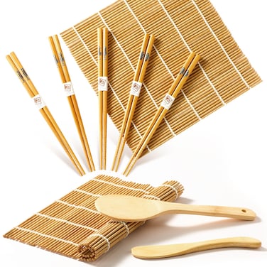 Sushi Making Kit, Delamu Bamboo Sushi Mat, Including 2 Sushi Rolling Mats, 5 Pairs of Chopsticks, 1 Paddle, 1 Spreader, 1 Beginner Guide PDF, Beginner Sushi Kit, Sushi Plates