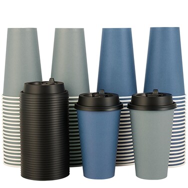 LITOPAK 100 Pack 16 oz Paper Coffee Cups, Disposable Coffee Cups with Lids, Drinking Cups for Coffee, Water, Juice, or Tea. Hot Paper Coffee Cups for Home, Restaurant, Store and Cafe