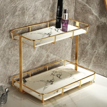 Dobbyby Bathroom Organizer Countertop Perfume Organizer Makeup Organizer Cosmetics Storage Display Rack Vanity Tray Dresser Stainless Steel Gold Shelf White Marble Ceramic Tray (L-Gold)