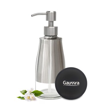 Gaussra Soap Dispenser with Coaster and Stickers, Brushed Nickel Stainless Steel Case Glass Liner Hand Pump Dispenser, Refillable Liquid Hand Soap Dispenser for Bathroom &amp; Kitchen (11OZ / 320ML)