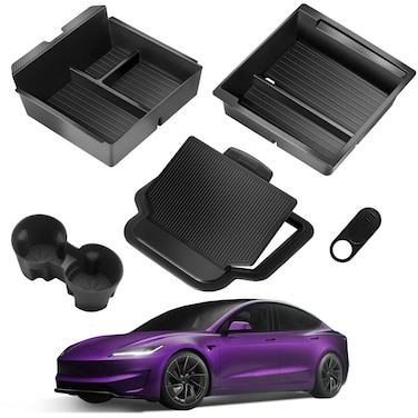 TSLDRV 2025 Upgrade Center Console Organizer Tray for Tesla Model 3 Highland 2024 2025 [Slide Smoothly] Armrest Hidden Organizer Box Cup Holder for Tesla Model 3 Accessories 2024 2025 Matte Black
