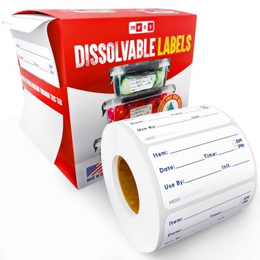 MESS Dissolvable Labels for Food Containers (1x2 200) - Dissolvable Food Labels for Food Storage - Dissolves Like Magic with Absolutely No Clean Up - Removable Kitchen Labels - Freezer Labels