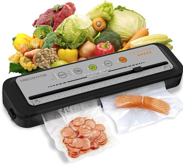 2023 Updated Vacuum Sealer Machine, MEGAWISE Food Sealer w/Starter Kit, Dry &amp; Moist Food Modes, Compact Design with 10 Vacuum Bags &amp; Bulit-in Cutter(Grey)