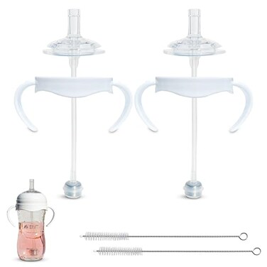 Straw Cup Conversion Kit for Philips Avent Natural Baby Bottle 2-Count   Soft Silicone Straw Top Nipples, Weighted Any Angle Straw Ball, Bottle Handles and Straw Cleaning Brush   6+ months (Straw Top)