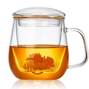 DOPUDO Glass Tea Cup with Infuser and Lid, 17.6oz/520ml Large Borosilicate Teacup,Tea Glass, Clear Mug for Loose Leaf Tea, Blooming Tea, Microwave &amp; Dishwasher Safe - Tea Maker Gift for Birthday