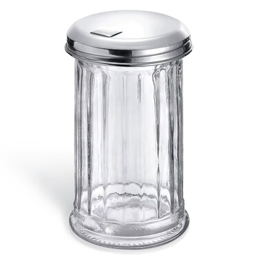 12 Oz Glass Sugar Dispenser with Pour Spout and Stainless Steel Flip Lid - Durable, Classic Style Conveniently Sized Multifunctional Sugar Shaker with Practical Hole, Suitable for Seasoning, Cinnamon